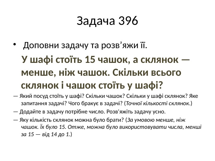 Задача 396 Доповни задачу та розв’яжи її. У шафі стоїть 15 чашок, а склянок — менше, ніж чашок. Скільки всього склянок і чашок стоїть у шафі?— Який посуд стоїть у шафі? Скільки чашок? Скільки у шафі склянок? Яке запитання задачі? Чого бракує в задачі? (Точної кількості склянок.)— Додайте в задачу потрібне число. Розв'яжіть задачу усно.— Яку кількість склянок можна було брати? (За умовою менше, ніж чашок. Їх було 15. Отже, можна було використовувати числа, менші за 15 — від 14 до 1.)