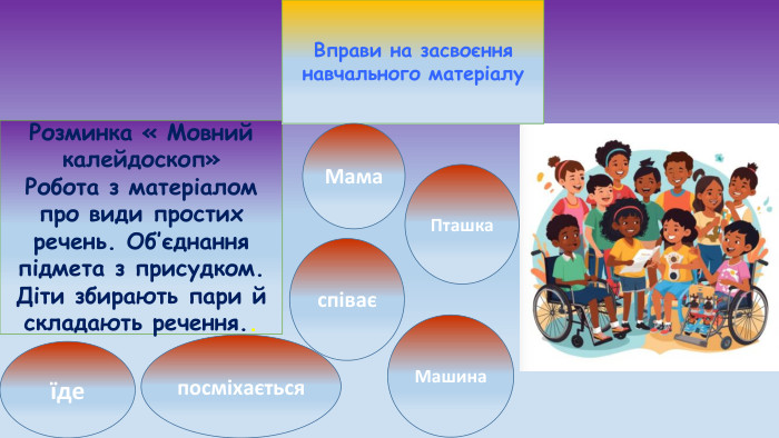 Розминка « Мовний калейдоскоп»Робота з матеріалом про види простих речень. Об’єднання підмета з присудком. Діти збирають пари й складають речення.. Вправи на засвоєння навчального матеріалу. Мамаспіваєїде. Машина. Пташкапосміхається