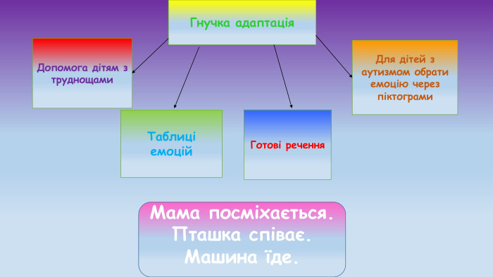 Гнучка адаптація. Допомога дітям з труднощами. Таблиці емоцій. Готові речення. Для дітей з аутизмом обрати емоцію через піктограми. Мама посміхається. Пташка співає. Машина їде.