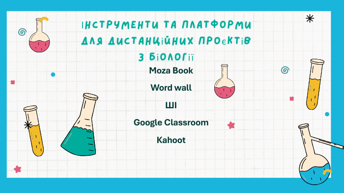Moza Book. Word wall. ШІGoogle Classroom. KahootІнструменти та платформи для дистанційних проєктів з біології