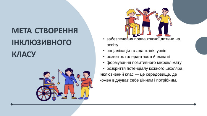 МЕТА СТВОРЕННЯ ІНКЛЮЗИВНОГО КЛАСУзабезпечення права кожної дитини на освітусоціалізація та адаптація учніврозвиток толерантності й емпатіїформування позитивного мікрокліматурозкриття потенціалу кожного школяраІнклюзивний клас — це середовище, де кожен відчуває себе цінним і потрібним.