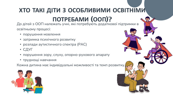 До дітей з ООП належать учні, які потребують додаткової підтримки в освітньому процесі:порушення мовленнязатримка психічного розвиткурозлади аутистичного спектра (РАС)СДУГпорушення зору, слуху, опорно-рухового апаратутруднощі навчання. Кожна дитина має індивідуальні можливості та темп розвитку. ХТО ТАКІ ДІТИ З ОСОБЛИВИМИ ОСВІТНІМИ ПОТРЕБАМИ (ООП)?