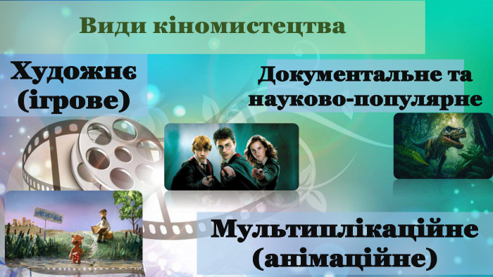  Види кіномистецтва. Художнє(ігрове)Документальне та науково-популярне Мультиплікаційне(анімаційне)