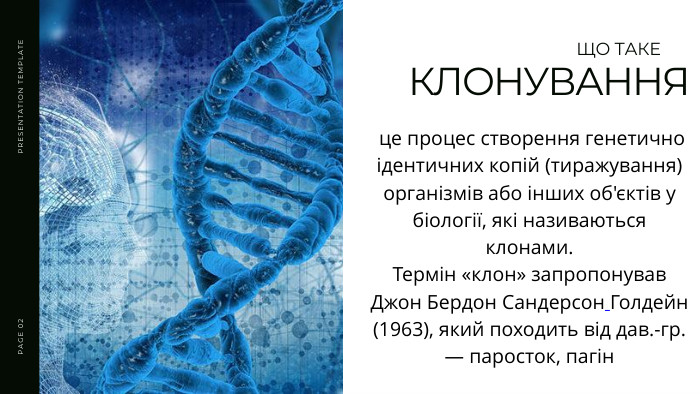 PRESENTATION TEMPLATEPAGE 02 ЩО ТАКЕКЛОНУВАННЯ це процес створення генетично ідентичних копій (тиражування) організмів або інших об'єктів у біології, які називаються клонами. Термін «клон» запропонував Джон Бердон Сандерсон Голдейн (1963), який походить від дав.-гр. — паросток, пагін