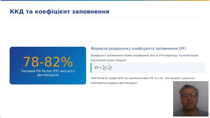 78-82%Типовий Fill Factor (FF) якісного фотомодуля. Формула розрахунку коефіцієнта заповнення (FF)Коефіцієнт заповнення прямо відображає якість P-N переходу та мінімізацію внутрішніх втрат модуля: Чим ближче графік ВАХ до прямокутника (FF ➔ 1.0), тим вищою є реальна електрична віддача фотомодуля. ККД та коефіцієнт заповнення
