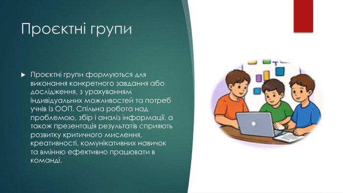 Проєктні групи. Проєктні групи формуються для виконання конкретного завдання або дослідження, з урахуванням індивідуальних можливостей та потреб учнів із ООП. Спільна робота над проблемою, збір і аналіз інформації, а також презентація результатів сприяють розвитку критичного мислення, креативності, комунікативних навичок та вмінню ефективно працювати в команді.