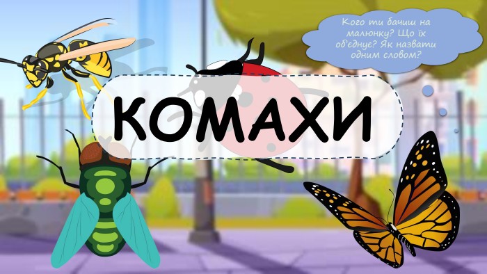 Кого ти бачиш на малюнку? Що їх об’єднує? Як назвати одним словом?КОМАХИ