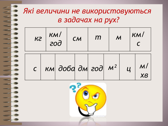Які величини не використовуються в задачах на рух?{5940675 A-B579-460 E-94 D1-54222 C63 F5 DA}кгкм/годсмтмкм/с{5940675 A-B579-460 E-94 D1-54222 C63 F5 DA}скмдобадмгодм²цм/хв