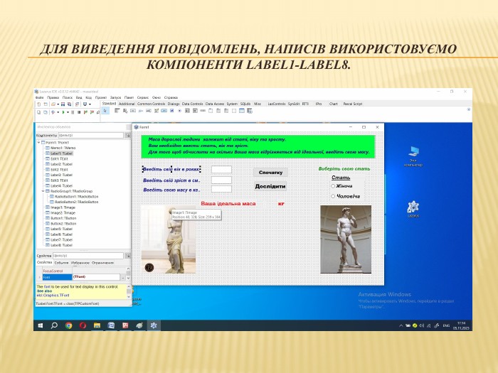 Для виведення повідомлень, написів використовуємо компоненти Label1-Label8.