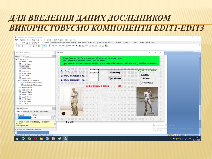 Для введення даних дослідником використовуємо компоненти Edit1-Edit3