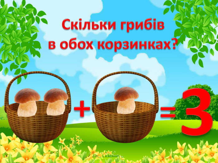 Скільки грибівв обох корзинках?+=3