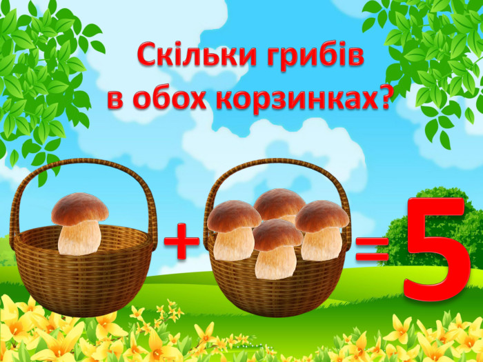 Скільки грибівв обох корзинках?+=5