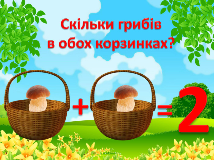 Скільки грибівв обох корзинках?+=2