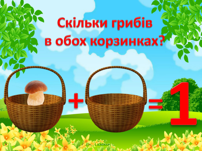 Скільки грибівв обох корзинках?+=1