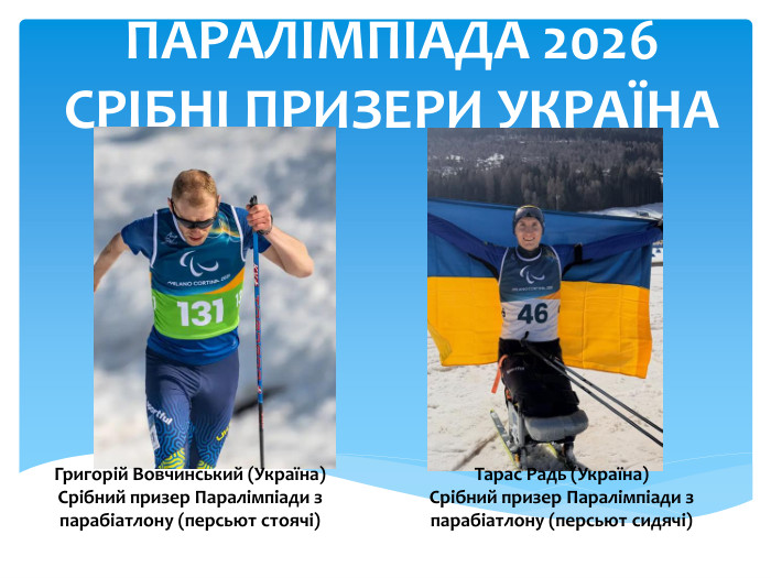 ПАРАЛІМПІАДА 2026 СРІБНІ ПРИЗЕРИ УКРАЇНА Григорій Вовчинський (Україна)Срібний призер Паралімпіади з парабіатлону (персьют стоячі)Тарас Радь (Україна)Срібний призер Паралімпіади з парабіатлону (персьют сидячі)