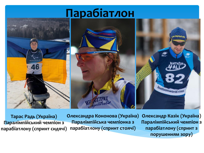  Парабіатлон Тарас Радь (Україна)Паралімпійський чемпіон з парабіатлону (спринт сидячі)Олександра Кононова (Україна)Паралімпійська чемпіонка з парабіатлону (спринт стоячі)Олександр Казік (Україна)Паралімпійський чемпіон з парабіатлону (спринт з порушенням зору)
