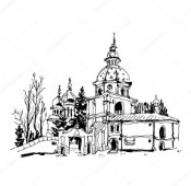 Black and white sketch drawing of Vydubychi monastery in Kyiv Uk — 스톡 벡터