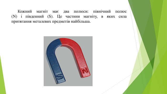 	Кожний магніт має два полюси: північний полюс(N) і південний (S). Це частини магніту, в яких силапритягання металевих предметів найбільша. 