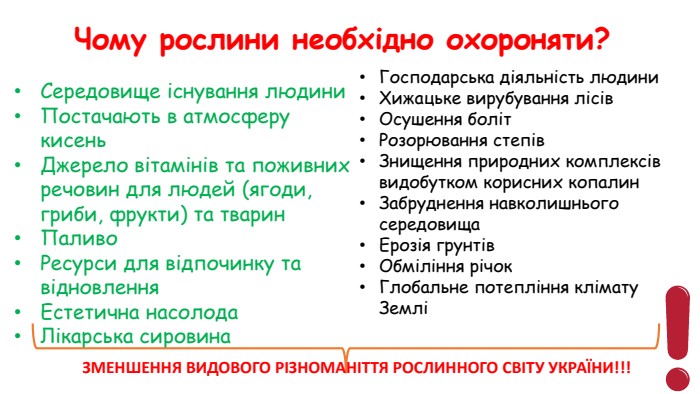 Чому рослини необхідно охороняти?  Середовище існування людини Постачають в атмосферу кисень Джерело вітамінів та поживних речовин для людей (ягоди, гриби, фрукти) та тварин Паливо Ресурси для відпочинку та відновлення Естетична насолода Лікарська сировина Господарська діяльність людини Хижацьке вирубування лісів Осушення боліт Розорювання степів Знищення природних комплексів  видобутком корисних копалин Забруднення навколишнього середовища Ерозія грунтів Обміління річок Глобальне потепління клімату Землі ЗМЕНШЕННЯ ВИДОВОГО РІЗНОМАНІТТЯ РОСЛИННОГО СВІТУ УКРАЇНИ!!! 