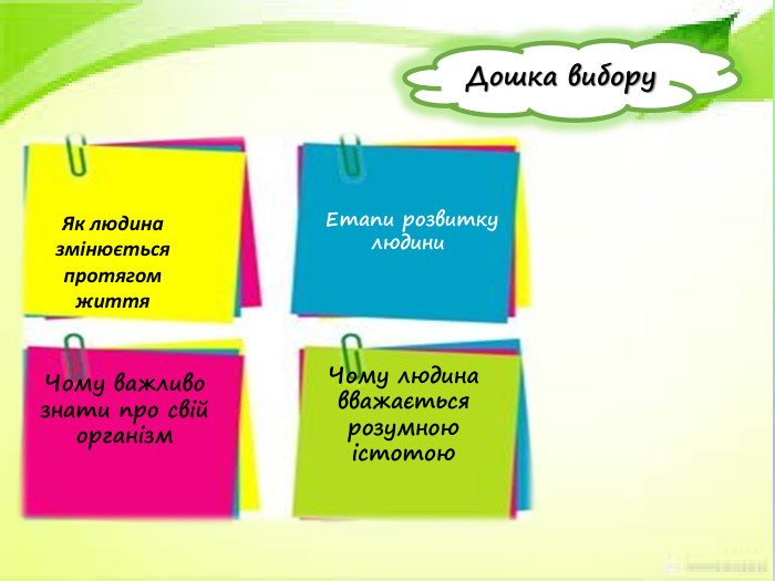 Дошка вибору. Як людина змінюється протягом життя Чому людина вважається розумною істотою Етапи розвитку людини. Чому важливо знати про свій організм