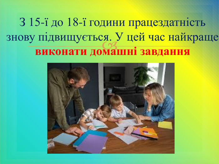 З 15-ї до 18-ї години працездатність знову підвищується. У цей час найкраще виконати домашні завдання