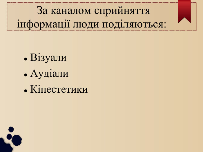  За каналом сприйняття інформації люди поділяються: Візуали Аудіали Кінестетики 
