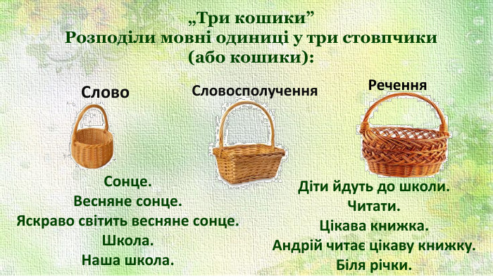 Словосполучення„Три кошики” Розподіли мовні одиниці у три стовпчики (або кошики): Слово. Речення. Сонце. Весняне сонце. Яскраво світить весняне сонце. Школа. Наша школа. Діти йдуть до школи. Читати. Цікава книжка. Андрій читає цікаву книжку. Біля річки.