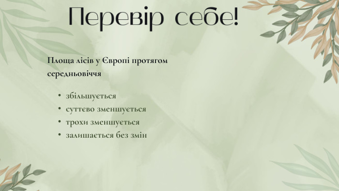 Перевір себе!Площа лісів у Європі протягом середньовіччязбільшуєтьсясуттєво зменшуєтьсятрохи зменшуєтьсязалишається без змін