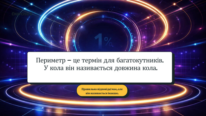 Периметр - це термін для багатокутників. У кола він називається довжина кола. Правильна відповідь: має, але він називається інакше. Exercise 2