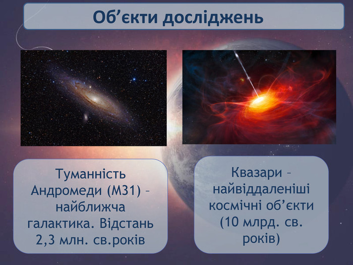 Об’єкти досліджень. Туманність Андромеди (М31) – найближча галактика. Відстань 2,3 млн. св.років. Квазари – найвіддаленіші космічні об’єкти (10 млрд. св. років)