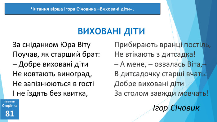 Прибирають вранці постіль,Не втікають з дитсадка!– А мене, – озвалась Віта,– В дитсадочку старші вчать: Добре виховані діти. За столом завжди мовчать!07.03.2025 СьогодніПосібник. Сторінка81 За сніданком Юра Віту. Поучав, як старший брат:– Добре виховані діти. Не ковтають виноград,Не запізнюються в гостіІ не їздять без квитка,ВИХОВАНІ ДІТИЧитання вірша Ігора Січовика «Виховані діти».Ігор Січовик