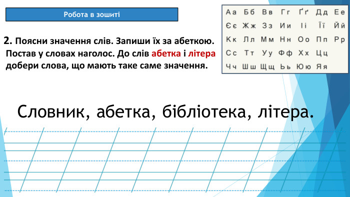 08.03.2025 СьогодніРобота в зошиті[]2. Поясни значення слів. Запиши їх за абеткою. Постав у словах наголос. До слів абетка і літера добери слова, що мають таке саме значення. Словник, абетка, бібліотека, літера.