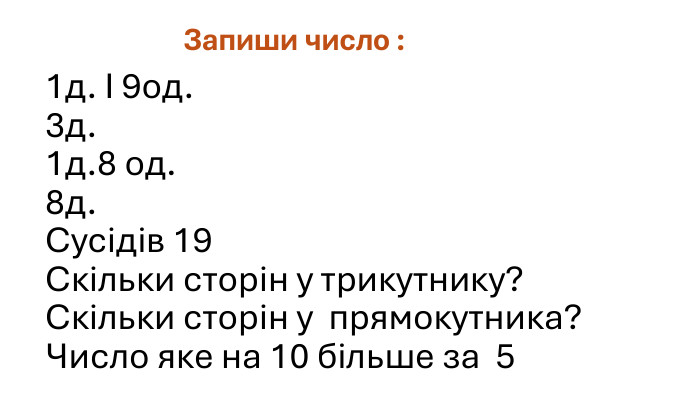  Запиши число :1д. І 9од.3д.1д.8 од.8д. Сусідів 19 Скільки сторін у трикутнику?Скільки сторін у прямокутника?Число яке на 10 більше за 5