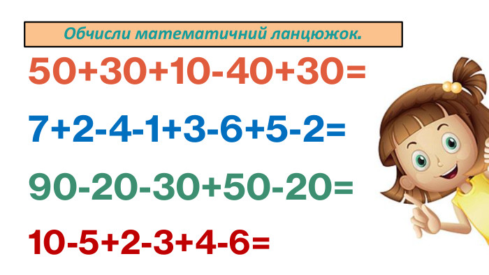  Обчисли математичний ланцюжок.50+30+10-40+30=7+2-4-1+3-6+5-2=90-20-30+50-20=10-5+2-3+4-6=