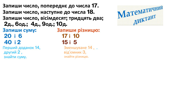 Запиши число, попереднє до числа 17. Запиши число, наступне до числа 18. Запиши число, вісімдесят; тридцять два; 2д., 6од.; 4д., 9од.; 10д. Запиши суму: Запиши різницю: 20 і 6 17 і 10 40 і 2 15 і 5 Перший доданок 14, Зменшуване 14 , . другий 2 , від’ємник 3, знайти суму. знайти різницю.