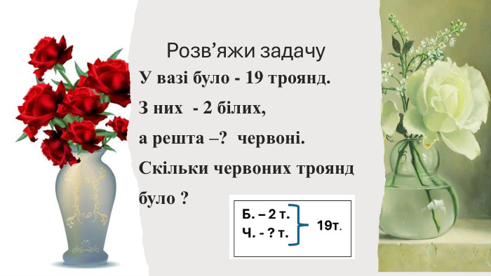 Розв’яжи задачу. У вазі було - 19 троянд. З них - 2 білих, а решта –? червоні. Скільки червоних троянд було ?