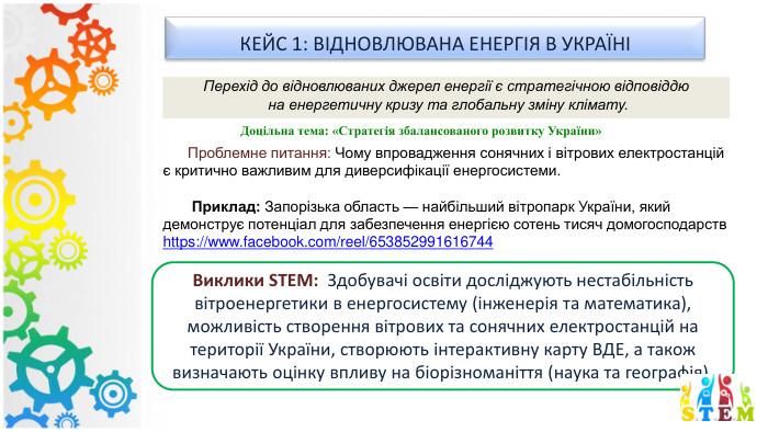 КЕЙС 1: ВІДНОВЛЮВАНА ЕНЕРГІЯ В УКРАЇНІПерехід до відновлюваних джерел енергії є стратегічною відповіддю на енергетичну кризу та глобальну зміну клімату. Проблемне питання: Чому впровадження сонячних і вітрових електростанцій є критично важливим для диверсифікації енергосистеми. Приклад: Запорізька область — найбільший вітропарк України, який демонструє потенціал для забезпечення енергією сотень тисяч домогосподарств https://www.facebook.com/reel/653852991616744 Виклики STEM: Здобувачі освіти досліджують нестабільність вітроенергетики в енергосистему (інженерія та математика), можливість створення вітрових та сонячних електростанцій на території України, створюють інтерактивну карту ВДЕ, а також визначають оцінку впливу на біорізноманіття (наука та географія). Доцільна тема: «Стратегія збалансованого розвитку України»