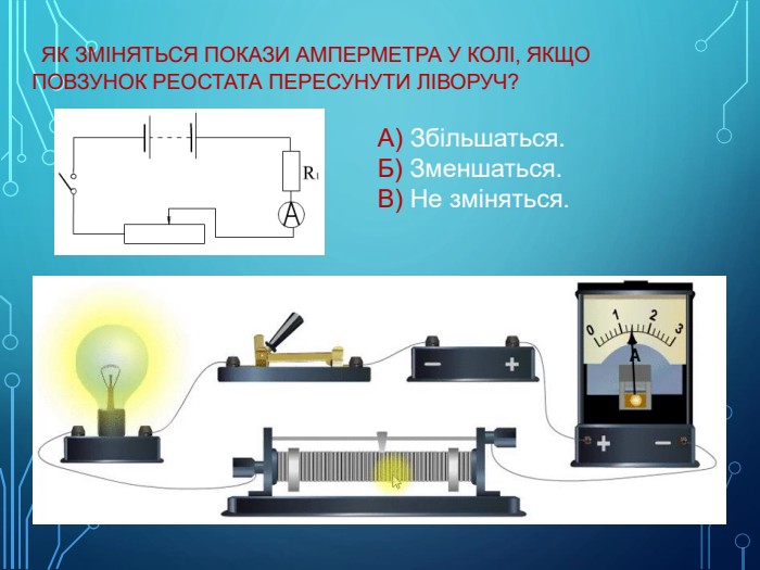  Як зміняться покази амперметра у колі, якщо повзунок реостата пересунути ліворуч? А) Збільшаться. Б) Зменшаться. В) Не зміняться.