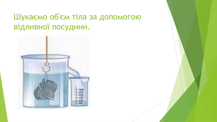 Шукаємо об'єм тіла за допомогою відливної посудини.