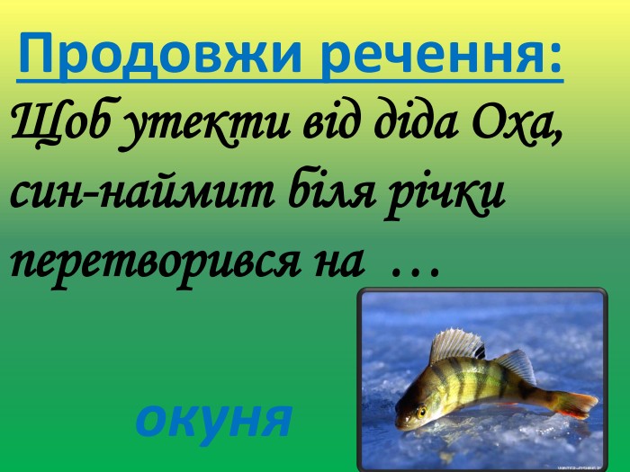 Продовжи речення: Щоб утекти від діда Оха, син-наймит біля річки перетворився на …окуняr