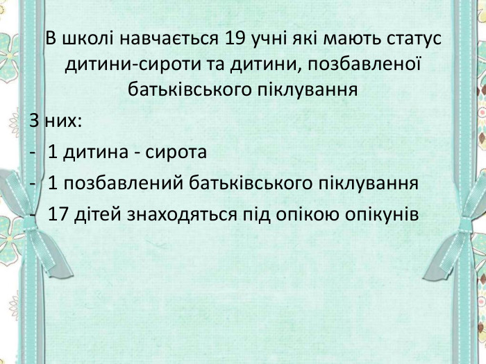 В школі навчається 19 учні які мають статус дитини-сироти та дитини, позбавленої батьківського піклування З них: 1 дитина - сирота 1 позбавлений батьківського піклування 17 дітей знаходяться під опікою опікунів 