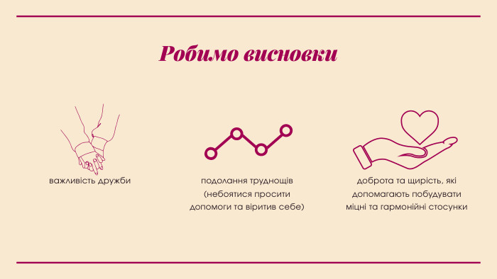 Робимо висновкиважливість дружбиподолання труднощів(небоятися просити допомоги та віритив себе)доброта та щирість, які допомагають побудувати міцні та гармонійні стосунки