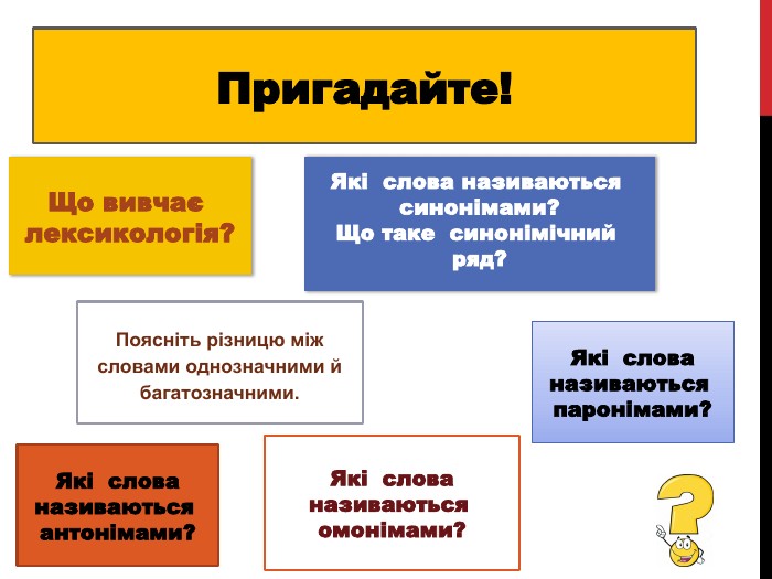 Пригадайте!Що вивчає лексикологія?Які слова називаються синонімами?Що таке синонімічний ряд?Які слова називаються антонімами?Які слова називаються омонімами?Які слова називаються паронімами?Поясніть різницю між словами однозначними й багатозначними.