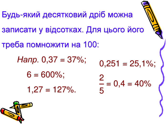 Будь-який десятковий дріб можна записати у відсотках. Для цього його треба помножити на 100:     Напр. 0,37 = 37%;                     6 = 600%; 1,27 = 127%. 0,251 = 25,1%;  – = 0,4 = 40% 25 