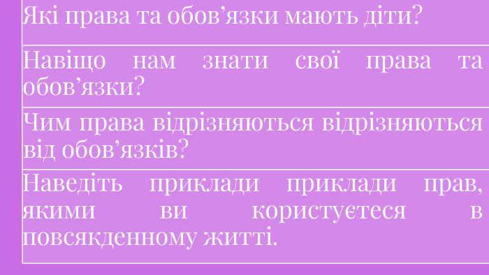 Які права та обов’язки мають діти?Навіщо нам знати свої права та обов’язки?Чим права відрізняються відрізняються від обов’язків? Наведіть приклади приклади прав, якими ви користуєтеся в повсякденному житті.
