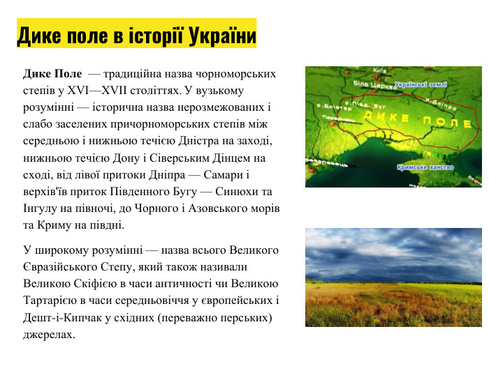Дике поле в історії України. Дике Поле — традиційна назва чорноморських степів у XVI—XVII століттях. У вузькому розумінні — історична назва нерозмежованих і слабо заселених причорноморських степів між середньою і нижньою течією Дністра на заході, нижньою течією Дону і Сіверським Дінцем на сході, від лівої притоки Дніпра — Самари і верхів'їв приток Південного Бугу — Синюхи та Інгулу на півночі, до Чорного і Азовського морів та Криму на півдні. У широкому розумінні — назва всього Великого Євразійського Степу, який також називали Великою Скіфією в часи античності чи Великою Тартарією в часи середньовіччя у європейських і Дешт-і-Кипчак у східних (переважно перських) джерелах.