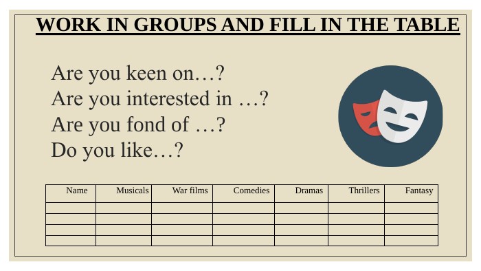 Are you keen on…?Are you interested in …? Are you fond of …? Do you like…? Name. Musicals. War films. Comedies. Dramas. Thrillers. Fantasy                            WORK IN GROUPS AND FILL IN THE TABLE