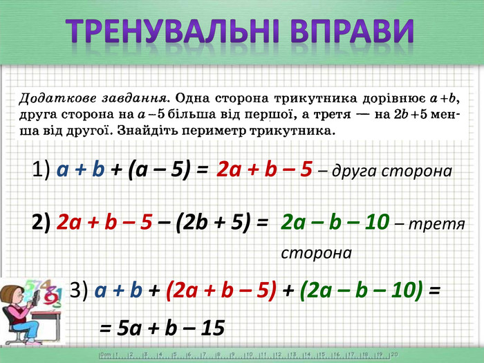 Тренувальні вправи1) a + b + (a – 5) = 2a + b – 5 – друга сторона 2) 2a + b – 5 – (2b + 5) = 2a – b – 10 – третя сторона 3) a + b + (2a + b – 5) + (2a – b – 10) = = 5a + b – 15 