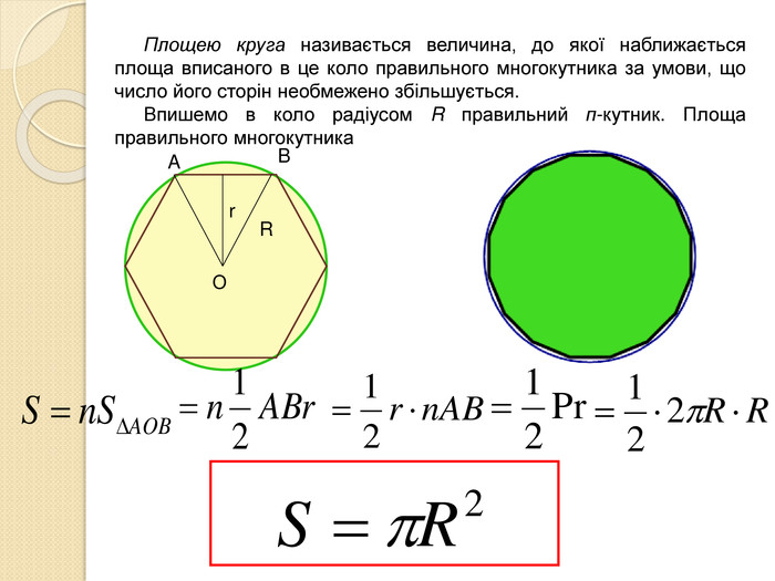 Площею круга називається величина, до якої наближається площа вписаного в це коло правильного многокутника за умови, що число його сторін необмежено збільшується. Впишемо в коло радіусом R правильний п-кутник. Площа правильного многокутника  О R r A B 