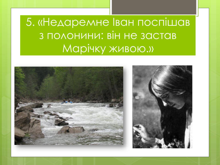 5. «Недаремне Іван поспішав з полонини: він не застав Марічку живою.»